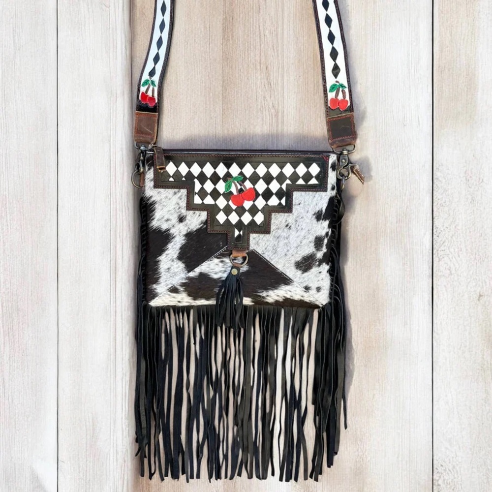 NEW CHERRY CHECKER TOOLED & COWHIDE CROSSBODY BAG
